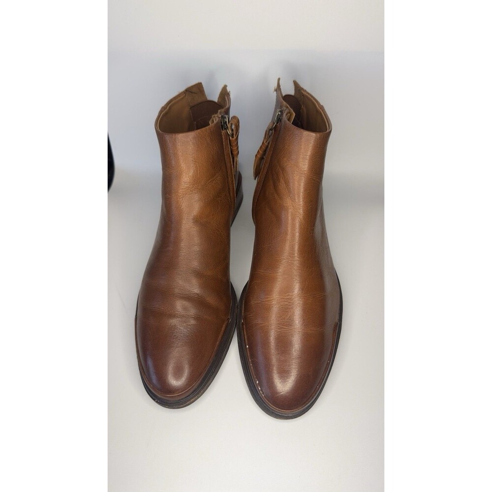 Sarto Brown Saddle Leather Ankle Bootie – Side Zip Block Heel – Women’s 10